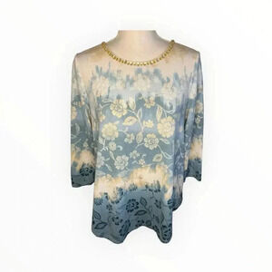 Ruby Rd Women's Petite Medium Apres Ski Dip Dye Floral Scoop‎ Neck Top